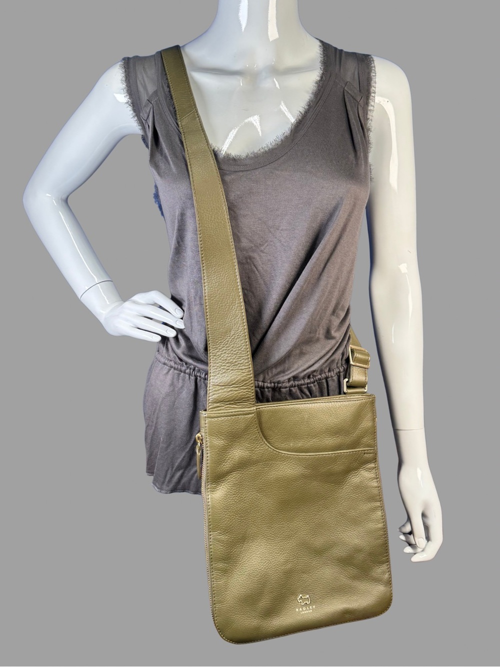 RADLEY LONDON Olive Green Pebbled Leather Crossbody Messenger Bag